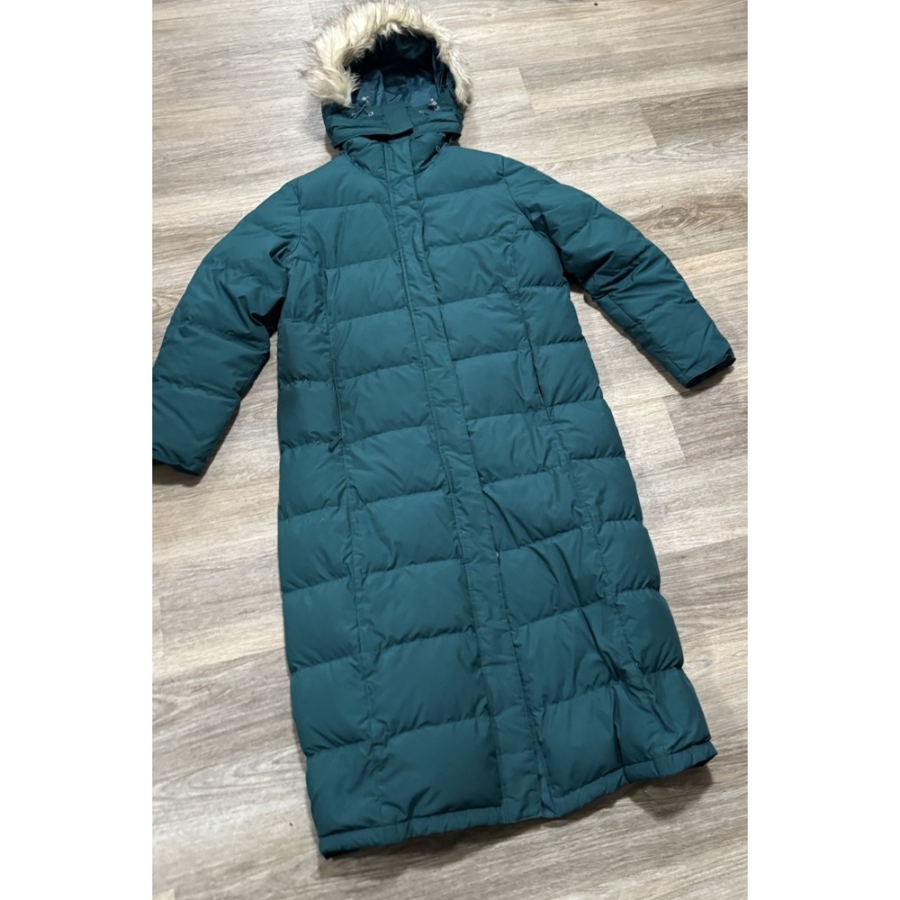 LL Bean Classic Ultra-Warm Down Coat Full Length Black Faux Fur Hood Green